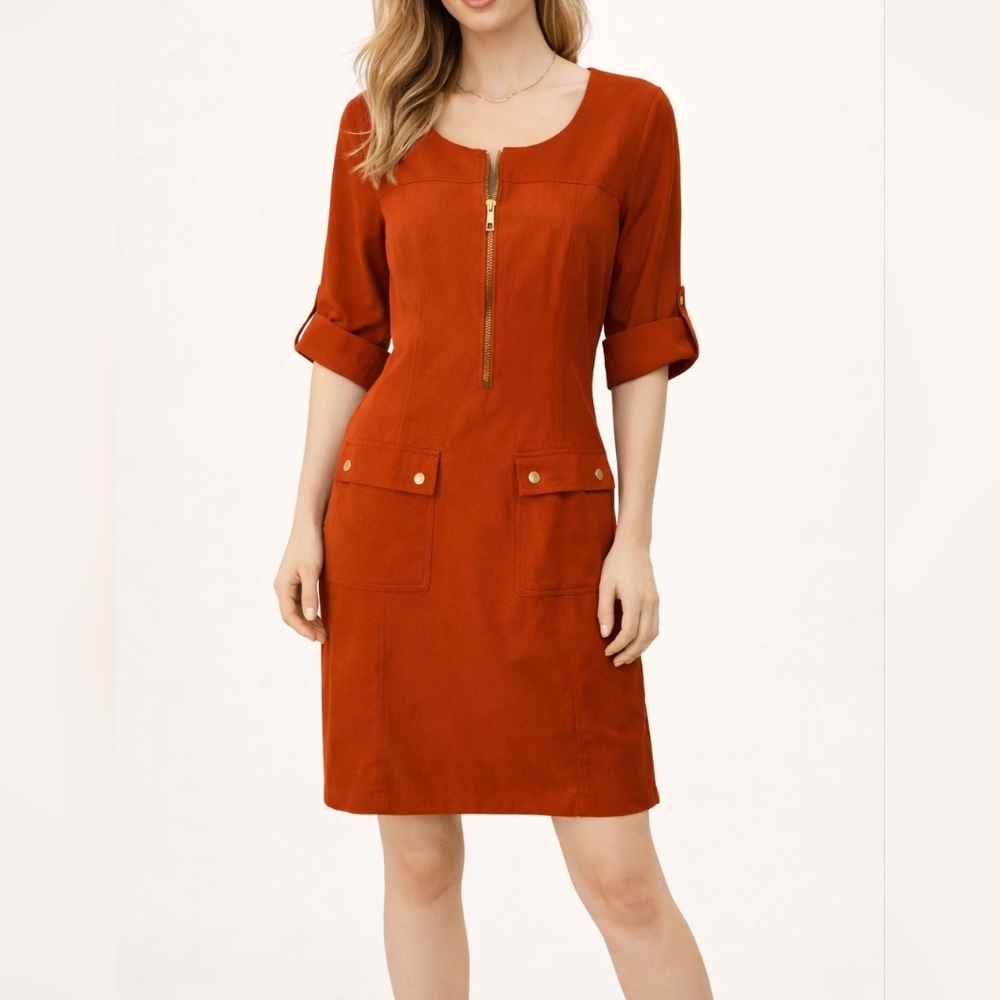 SHARAGANO Burnt Orange Cargo Utility Zipper Landgirl Shirt Dress